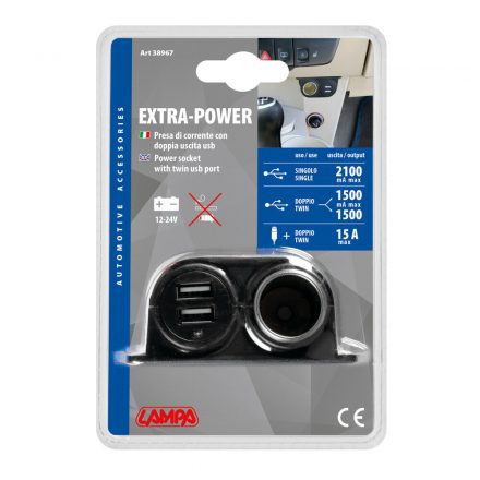 Lampa, Extra-Power, Szivargyújtó Aljzat 2-es, Dupla Usb Port, Led kijelző, 12/24V