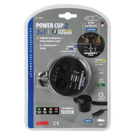 Lampa, Power Cup 2, Szivargyújtó Elosztó 2-es, 2 USB-vel és akkumulátortesztelővel, 12V