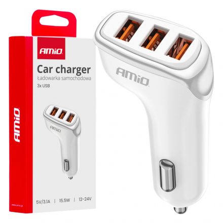 Amio Autós töltő 3x USB-A 3.1A 12/24V