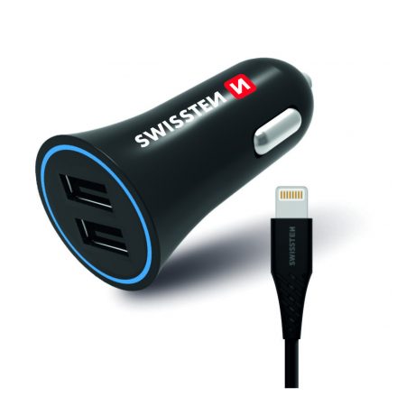 Swissten Szivargyújtóba való USB-s Töltő 12-24V 2,4A 1,2M Lightning Kábel