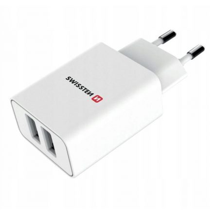 Swissten Hálózati Töltő Adapter, 2 USB Port, Smart IC, 2.1 A, Fehér